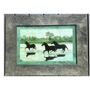 Horses Running & Playing in the Water Equestrian Art Print with Matting
